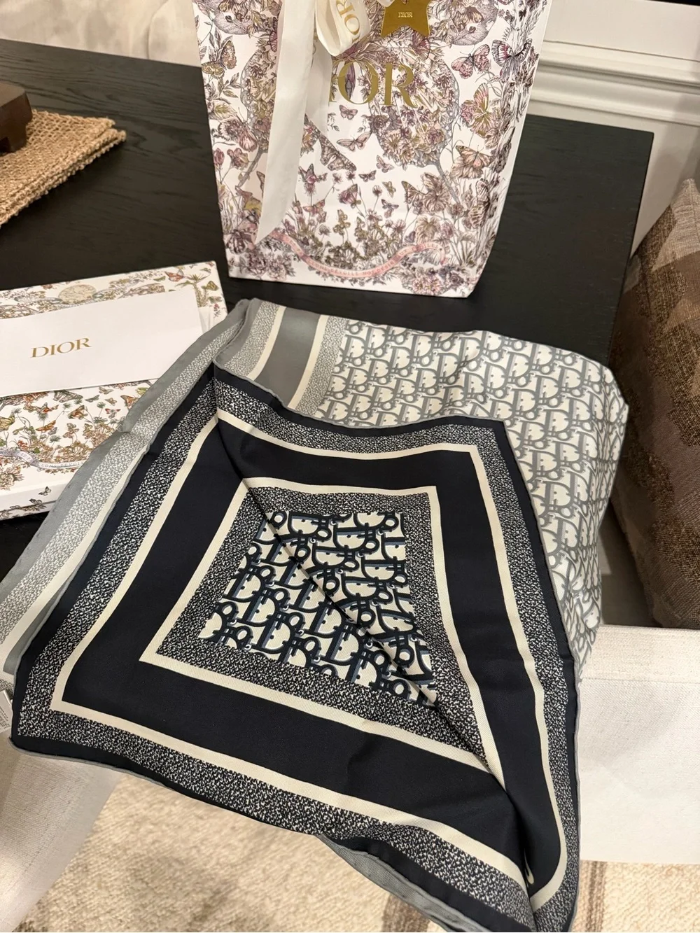 Dior Gray and White Reversable Christian Dior Oblique Diortwin 90 Square scarf
